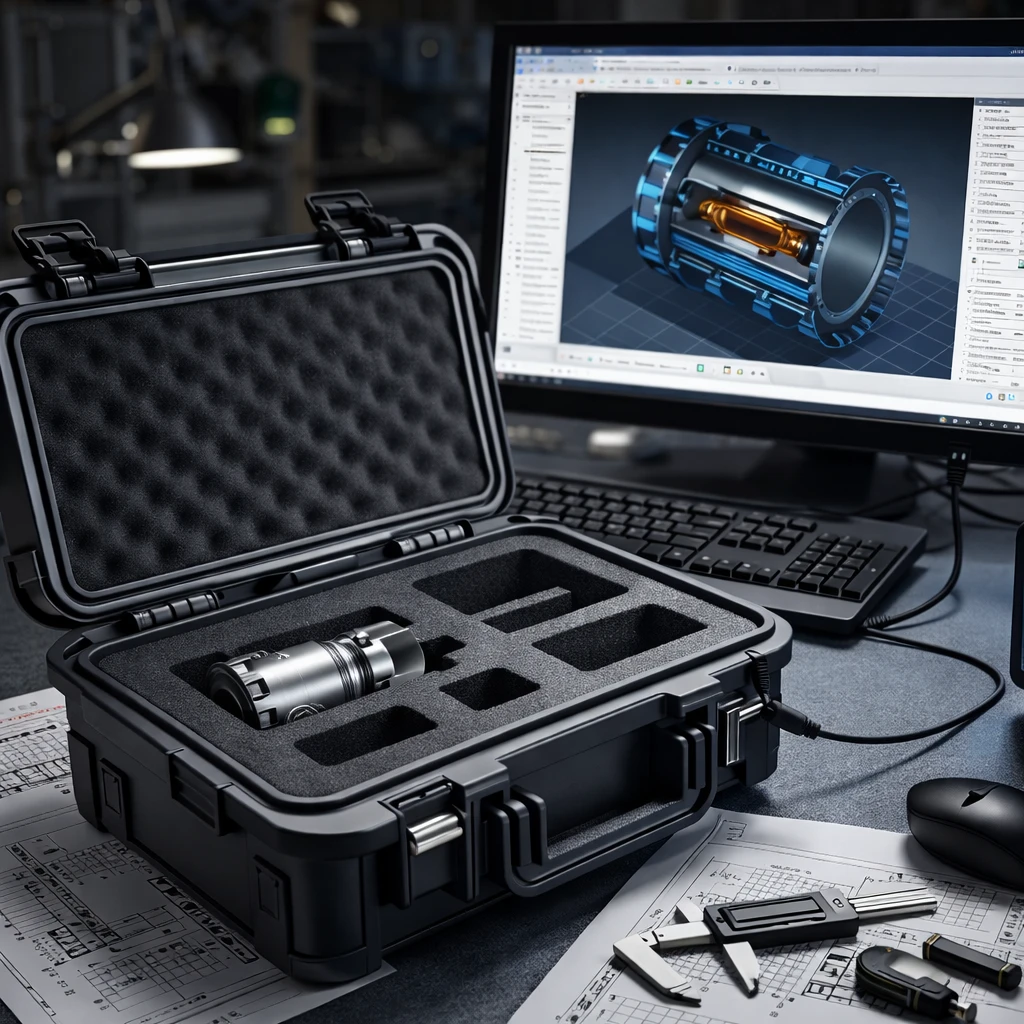 Koffer mit technischen Komponenten neben einer CAD-Darstellung